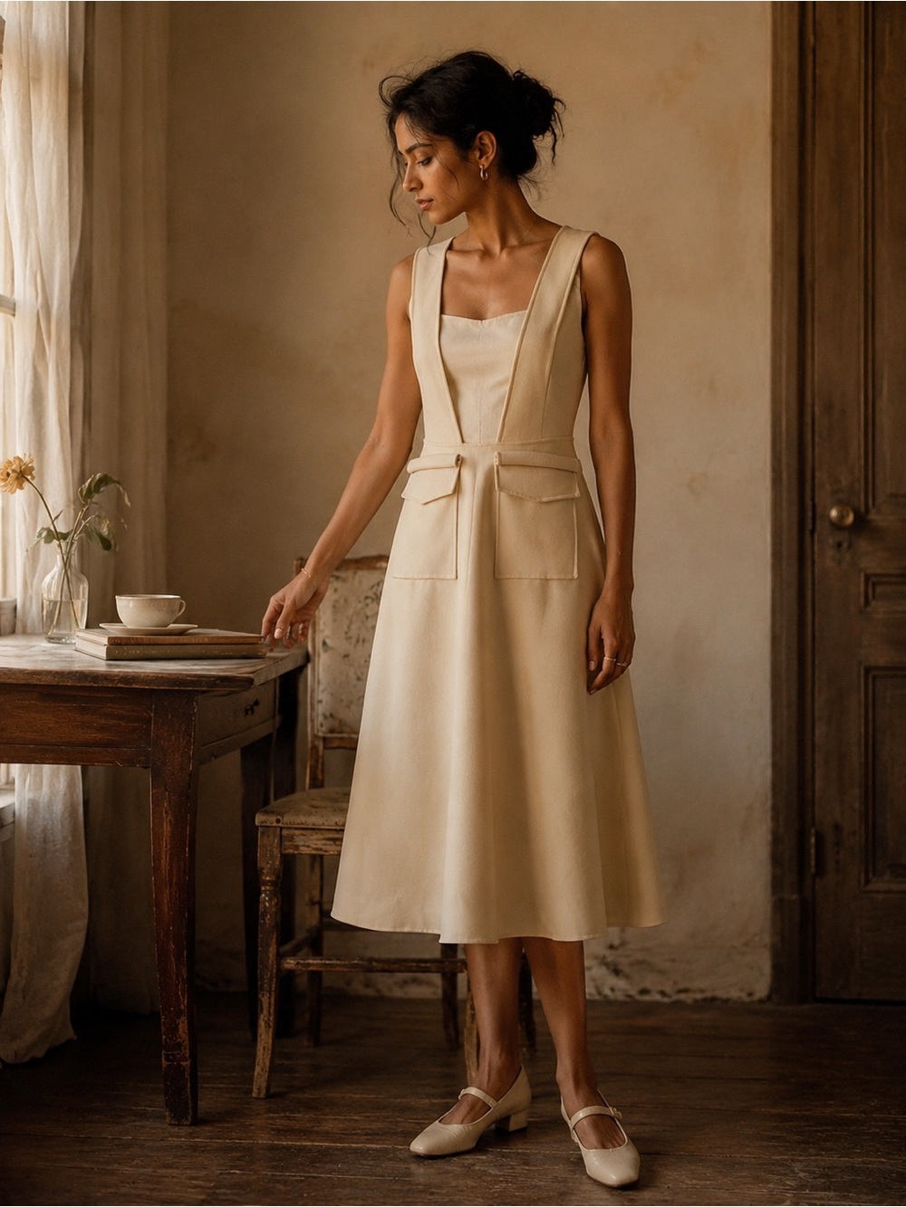 Few Moda Ivory Deep V Pinafore Midi Dress Utility Pockets Romantic Minimalism S - Picture 9 of 9